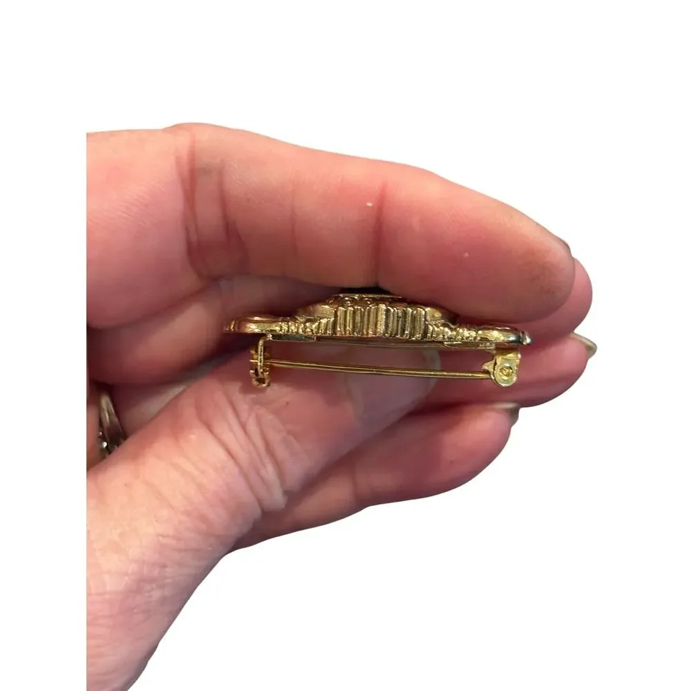 1928 Jewelry Art Deco Revival Brooch Teal Glass Ornate Gold Tone Statement Pin